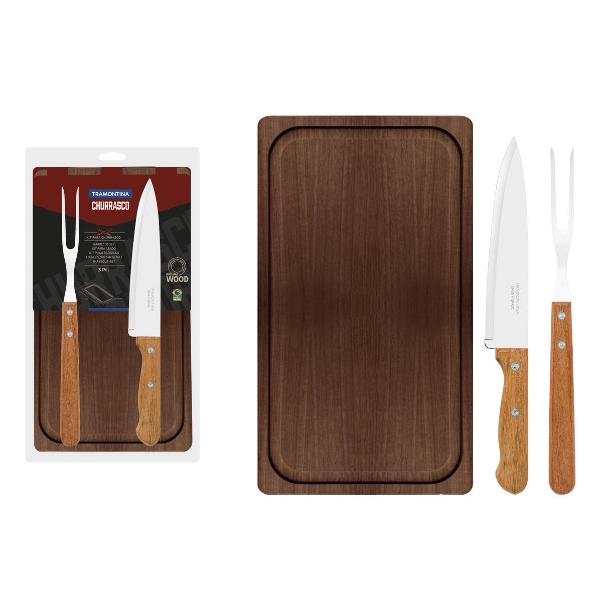Tramontina 3-Piece Barbecue Kit with Stainless-Steel Blades and Natural Wood Handles