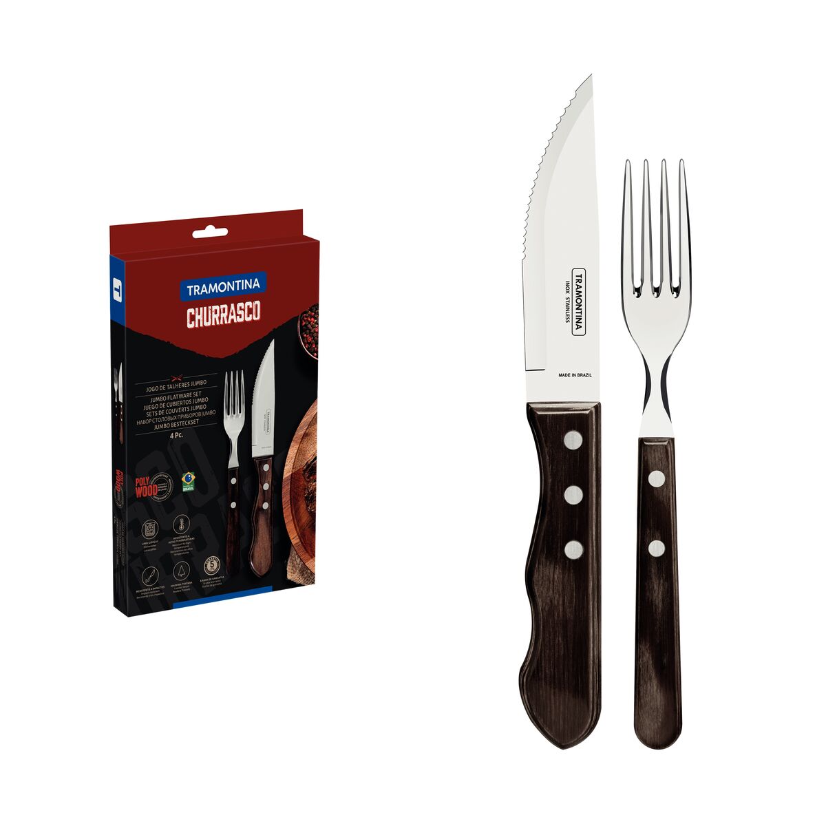 Tramontina 4-Piece Jumbo Barbecue Flatware Set with Stainless-Steel Blades and Brown Polywood Handles