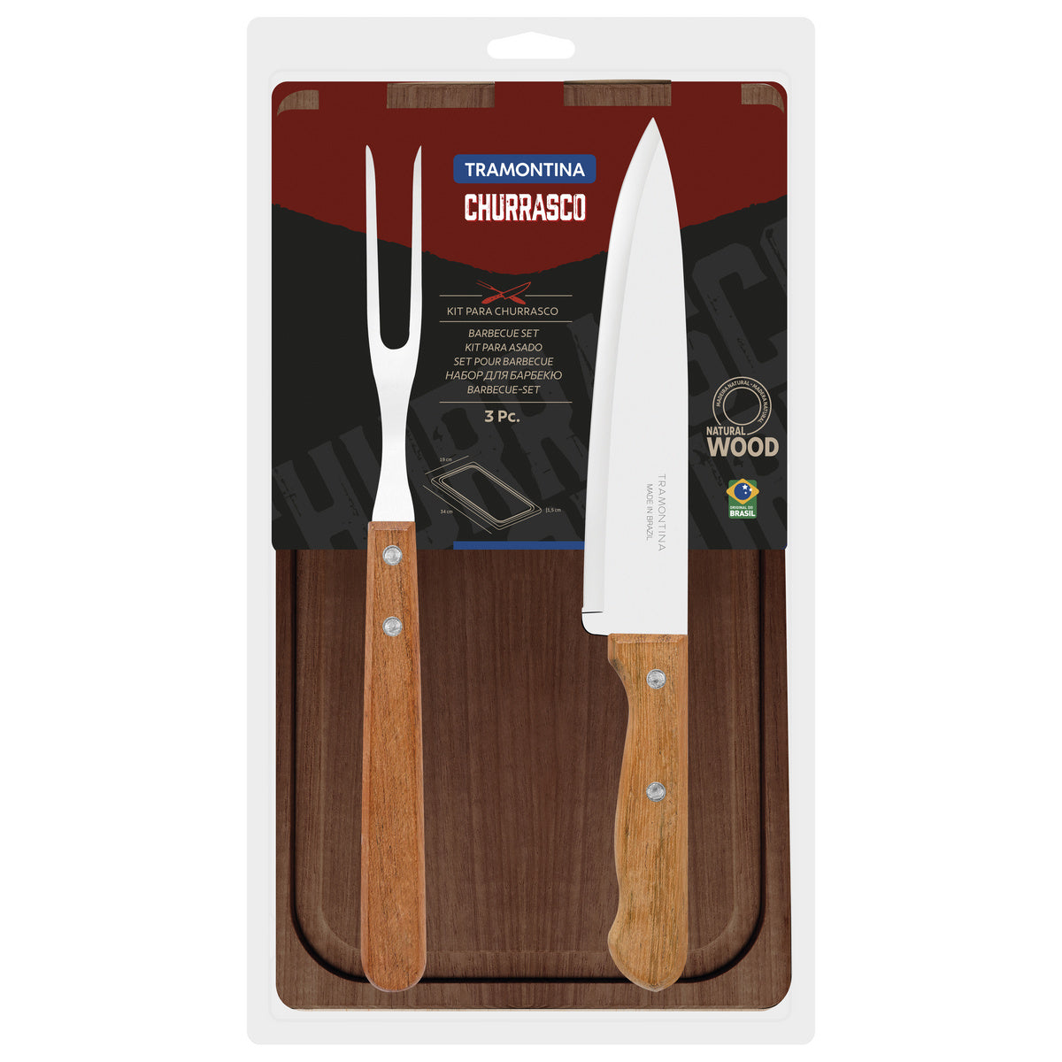Tramontina 3-Piece Barbecue Kit with Stainless-Steel Blades and Natural Wood Handles