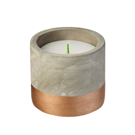 CONCRETE POT WITH ROSE GOLD BASE CITRONELLA CANDLE WITH WIND RESISTANT WICK